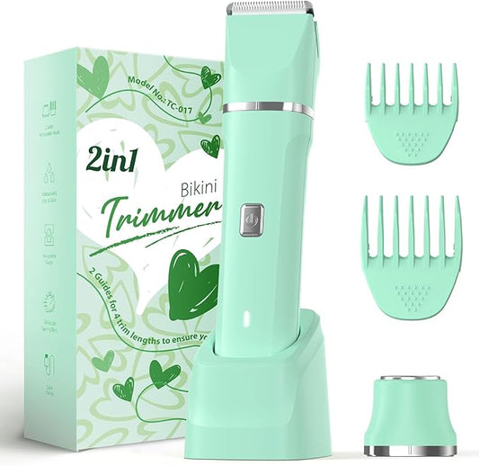 Risina Bikini Trimmer for Women - Pubic Hair Trimmer for Women, Gentle Dual Head Electric Shaver for Private Area and Bikini Line, IPX7 Waterproof, Cordless Rechargeable, Self-Care Gifts for Women