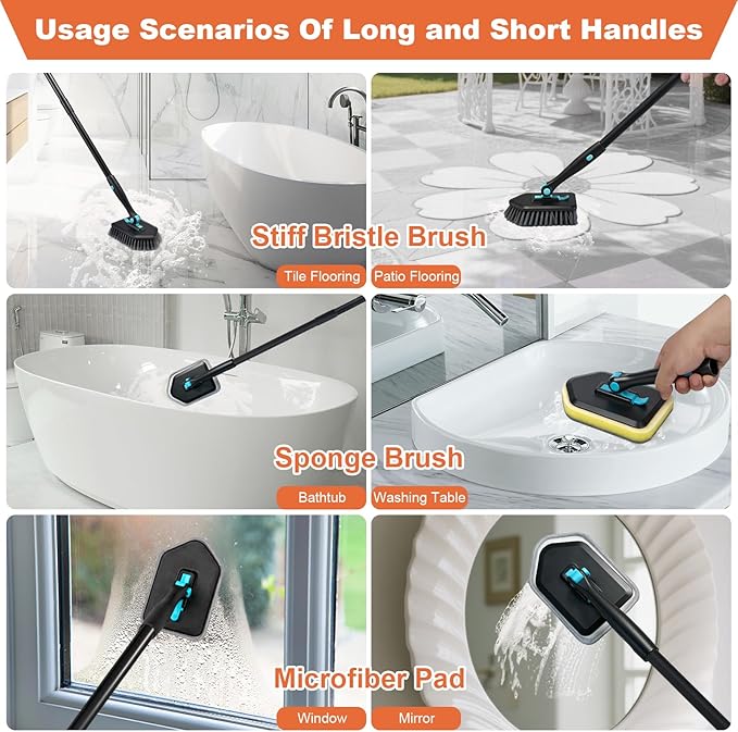 Long Handled Scrub Brush for Shower,3-in-1 Cleaning Brushes with 3 Different Function Cleaning Heads Brush for Shower Cleaning Bathroom Kitchen Walls Tub Tile (Black)
