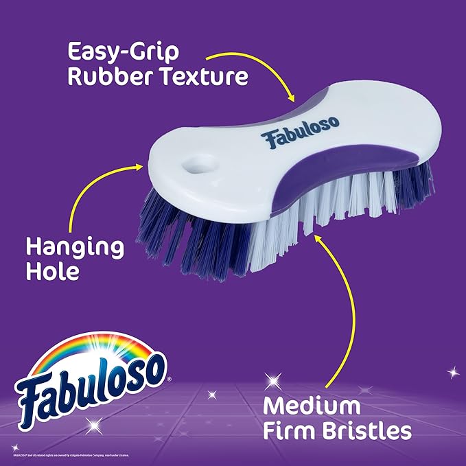 Fabuloso Cleaning Brush, Compact Hand Scrub Brush with Easy Grip Rubber Texture for Kitchen, Bathroom, Tile, Baseboards and Floors, Firm Bristles for Indoor Surface Cleaning, White & Purple, 6 Inch