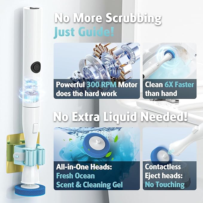 AIR U+ Hands-Free Electric Toilet Brush for Seniors & Busy Households - No Bending, Effortless Clean with Disposable Heads & Holder Set