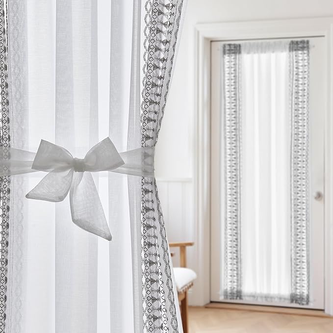 jinchan French Door Curtain Privacy Boho Embroidered Semi Sheer Voile Front Curtain for Window Doorway Closet, Door Panel with Tieback Rod Pocket 1 Panel (Grey on White, 55W x 72 L Inch)