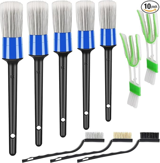 HMPLL 10pcs Car Detailing Kit, Premium Detailing Brush Set Includes 5 Soft Car Detailing Brushes, 3 Wire Brush, 2 Air Vent Brush for Cleaning Car Interior and Exterior Detailing, Blue