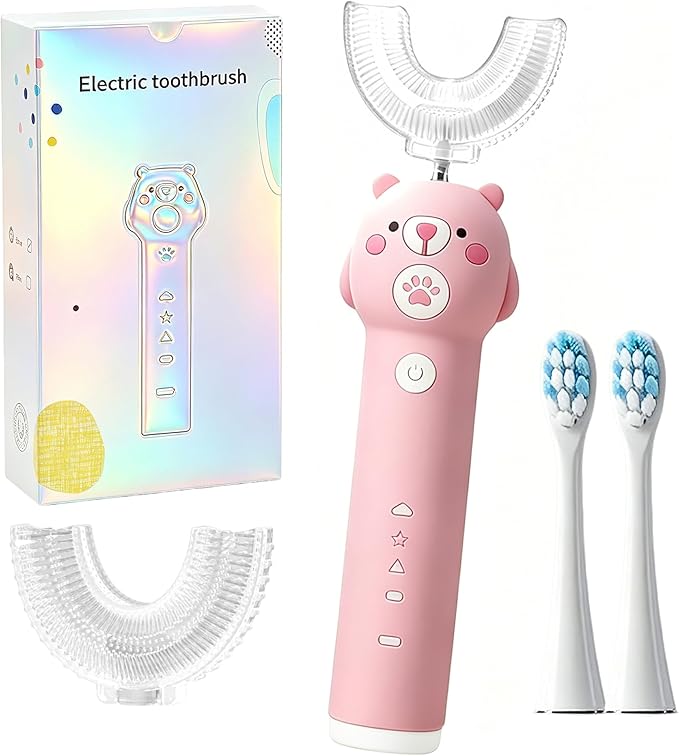 Kids Electric Toothbrush, with 4 Cleaning Modes, with 4 Brush Heads, Toddler U Shaped Toothbrush with 2 Soft Brush Head，Cartoon Bear 360-Degree Cleaning IPX7 Waterproof Design (Ages 2-16)