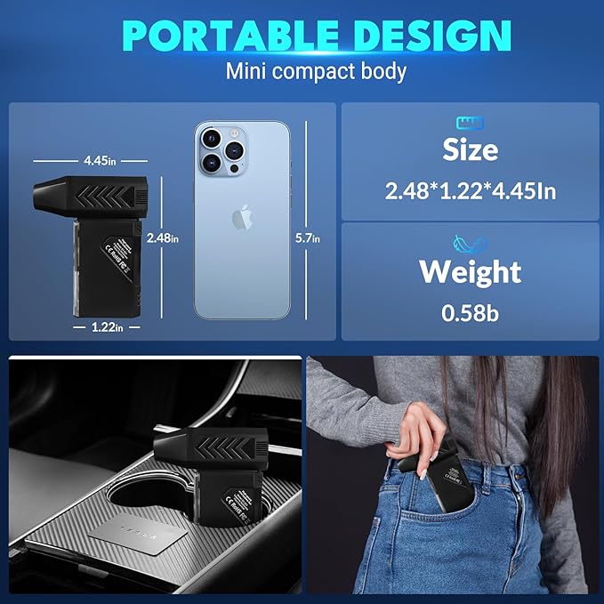 Violent Turbo Fan, Mini Electric Compressed Air Duster & Vacuum Cleaner, 130000RPM Portable Rechargeable Cordless Handheld Air Blower with LED Light for PC, Outdoor, House, Car, 8000mAh