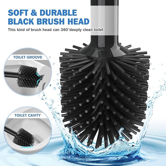 Toilet Plunger and Brush Set, Silicone Toilet Brush and Plunger with Holder for 5.7-inch Toilet Drain, 2-in-1 Toilet Brush Plunger Combo with Caddy Stand (Black)
