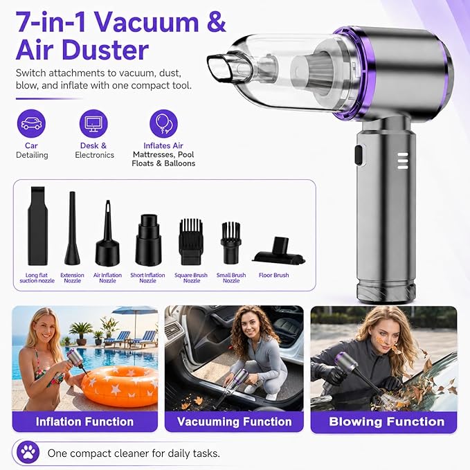 Cordless Handheld Car Vacuum, 21000Pa High Power Mini Portable Vacuum & Air Duster, Brushless Motor with HEPA Filter, 7-in-1 Cleaning Kit for Car, Home and Pet Hair