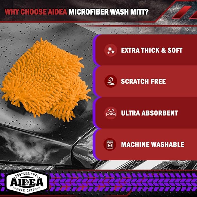 AIDEA Car Wash Mitt Microfiber, 1PK Scratch Free Lint-Free, Premium Chenille Microfiber Mitt Car Wash Brush, Orange, Regular Size 7.12''X10.14''