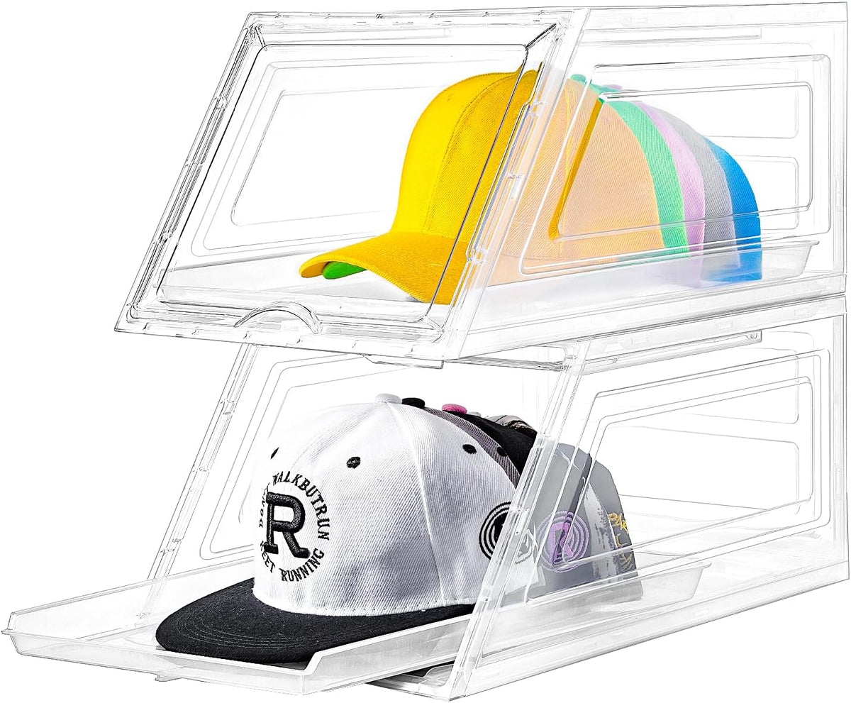 Stackable Clear Hat Organizer for Baseball Caps with Sliding Drawer
