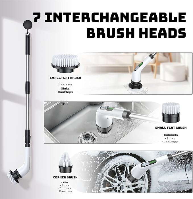 Highyes Electric Spin Scrubber, Powerful 2-Speed Cleaning Brush, IPX7 Waterproof with 7 Reusable Brush Heads & Extendable Handle, for Bathroom Toilet Shower Kitchen Wall Tile Floor Grout (White)