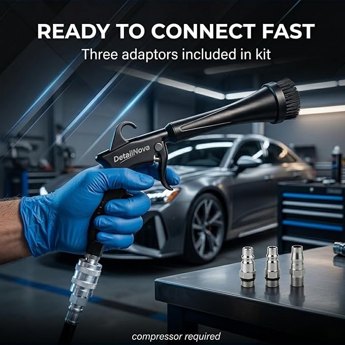 Air Blow Gun for Car Detailing - Durable Tornado Air Gun with Brush Nozzle, Storage Bag, 3 Compressor Adaptors & Microfiber Towel - Requires Compressor, Easy to Set Up