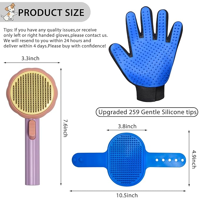 Cat Grooming Glove Brush,Self-Cleaning Slicker Pet Brush for Short and Long Haired pats,Dog Bath Brush for Shedding and Grooming,Removes Loose Hair and Tangles,Promote Circulation