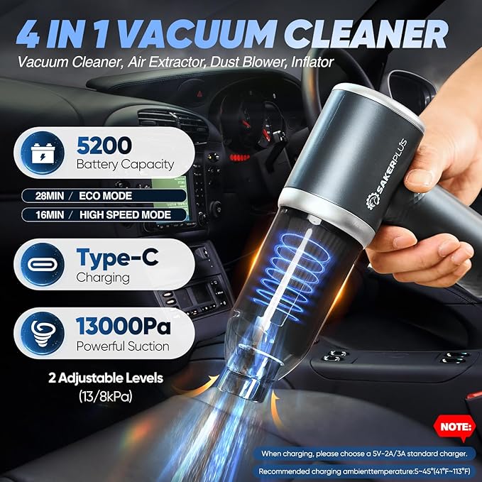 SakerPlus Mini Vacuum Cleaner, 3 in 1 Cordless Handheld Vacuum Cleaner, 13000Pa High Power Car Vacuum Cleaner with Brushless Motor,Adjustable Car Vaccum Portable Cordless for Cars,Desktop-DBS03