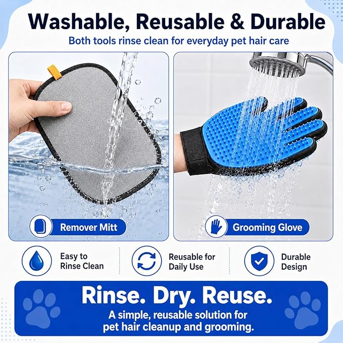 NVNAN 3 PCS Pet Hair Removal Glove and Pet Grooming Glove Kit for Cats & Dogs, Pet Hair Gloves & Dog Washing Gloves ，Reusable Magic Brush Pet Hair Remover Tool for Laundry，Carpet,Car Seat，Couch