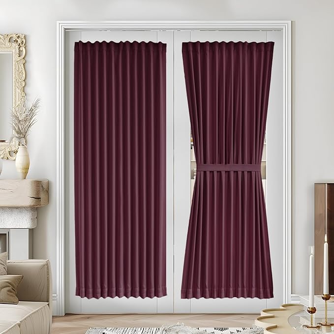 Vatge Christmas Wine Red Blackout French Door Curtains - Door Curtains for Glass Door and Bedroom Door, 1 Panel, W54 x L72, Burgundy