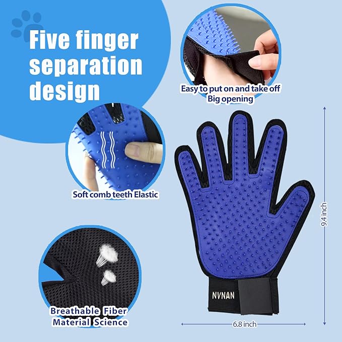 NVNAN 5 Piece Dog Grooming Brush Set with Grooming Gloves, Deshedding Comb & Massage Bath Brush | Dog Shampoo Brush - Multifunctional Pet Hair Removal Tools for Shedding, Bathing, Brushing (Blue)