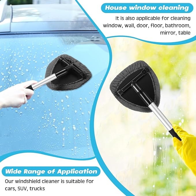 Potchen 8 Pcs Car Windshield Cleaner Tool Kit with Extendable Handle, Microfiber Towel Pads, Brush, Empty Spray Bottle for Auto Glass Wiper Suvs Rvs & Home Windows(Grey)