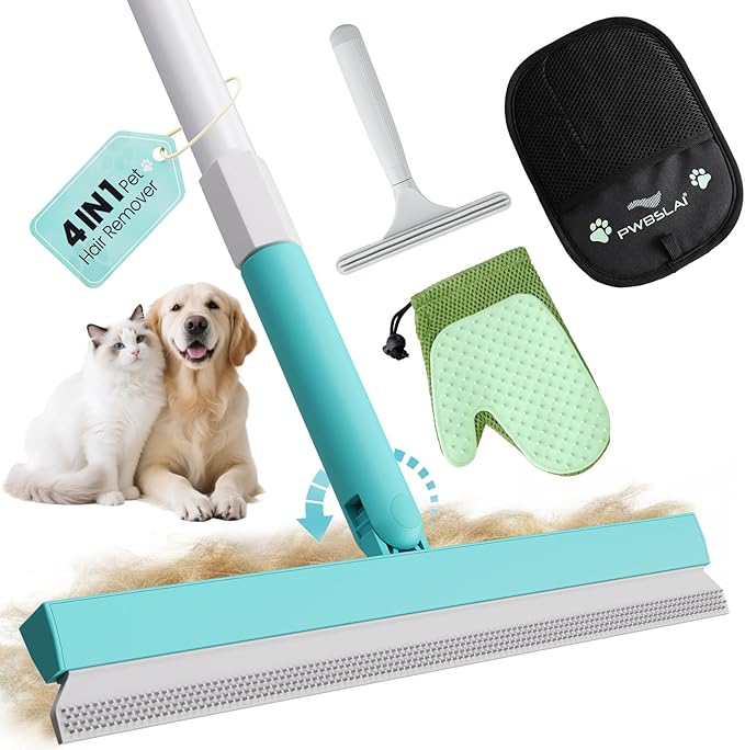 Carpet Rake for Pet Hair Removal Tool - 4 in 1 Pet Hair Remover Kit for Dog Cat Fur Remover, Contain 60" Adjustable Rubber Broom, Glove, Magic Brush and Scraper for Furniture (Blue)