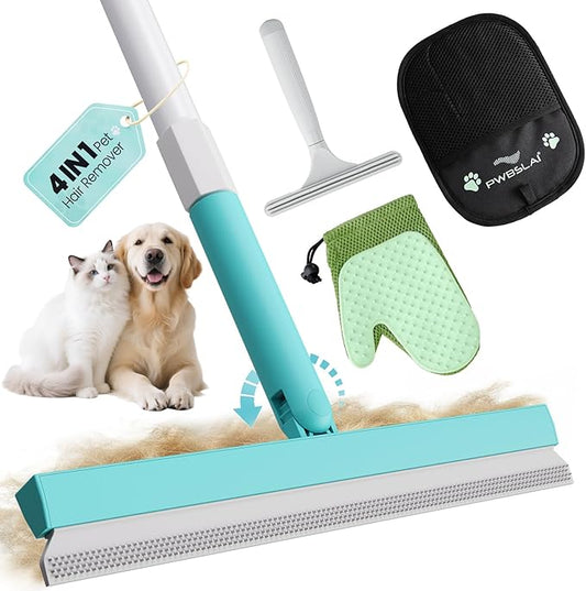 Carpet Rake for Pet Hair Removal Tool - 4 in 1 Pet Hair Remover Kit for Dog Cat Fur Remover, Contain 60" Adjustable Rubber Broom, Glove, Magic Brush and Scraper for Furniture (Blue)