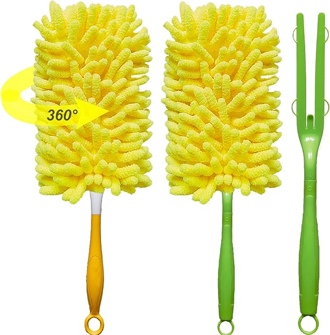 Reusable Duster for Swiffer, 360 Heavy Duty Duster Refill Compatible with Swiffer Hand Dusters for Dusting Furniture, Blinds, Ceiling Fans, Walls and More, 2 Refills +1 Handle, Yellow