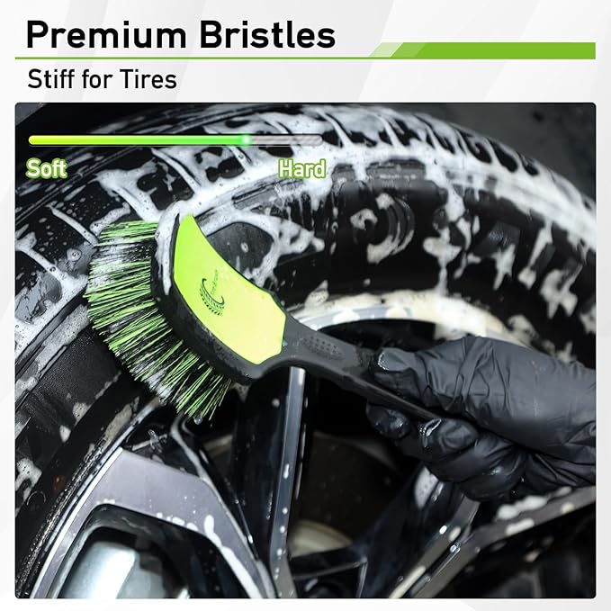 MVEQRRN 2-Pack Car Wheel Tire Detailing Brush Set:Wheel Cleaner Brush with Soft Bristles,Stiff Bristle Cleaning Brush with Rubber Handle for Deep Clean Car Tire Rims, Fenders or Carpet(Black Green)