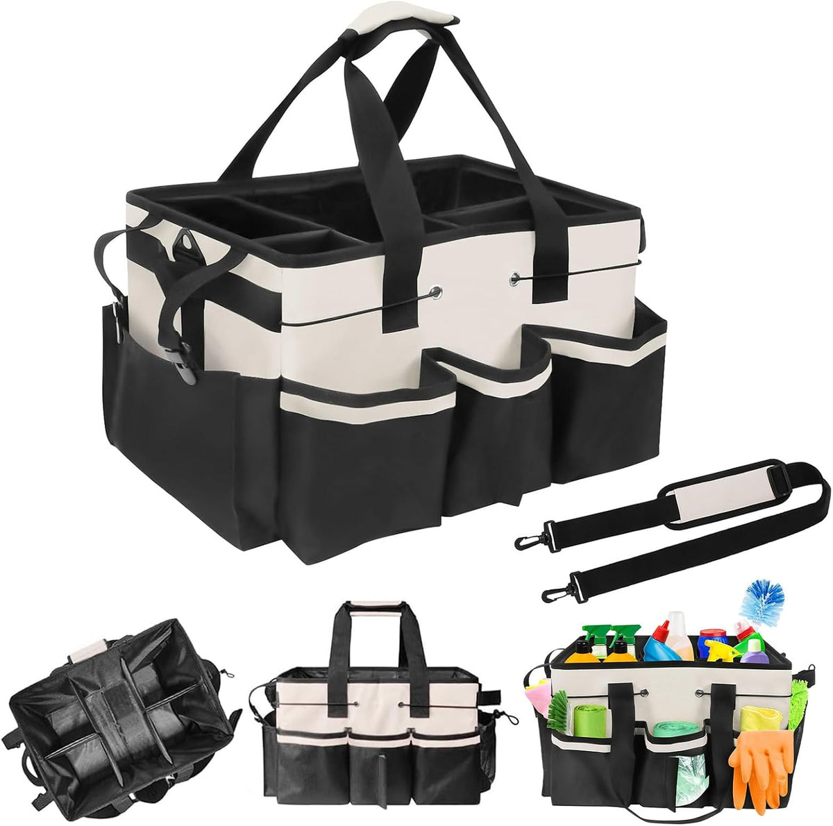 White Cleaning Caddy, Large Cleaning Bag with Handle & Adjustable Shoulder Strap, Tool Bag for Cleaning Supplies Organizer, Multi-Compartment Cleaner Caddy for Home, Car, Garden