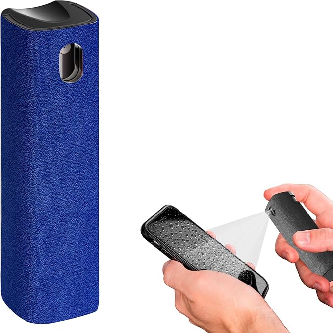 IO CLEAN Mini Screen Cleaner Spray – Finger Proof Screen Cleaner for Smartphones, iPads, MacBooks, Laptops, Car Screens, Touchscreens – 3in1 Mist Cleaner, Microfiber Cloth and Cover (Navy Blue)