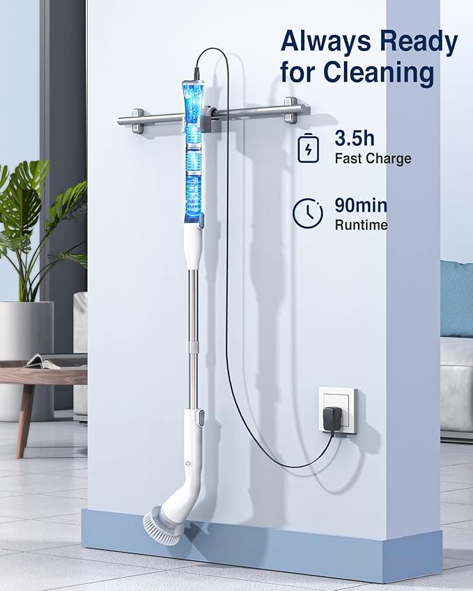 Electric Spin Scrubber, Cordless Cleaning Brush Scrubber with 7 Replaceable Brush Heads and Adjustable Extension Handle, IPX7 Waterproof Power Cleaning Brush for Bathroom Tub Floor Tile Shower
