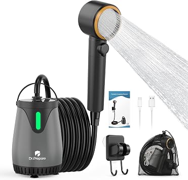 DR.PREPARE Portable Outdoor Shower, IPX8 Deep Waterproof Camping Shower Pump, 8000mAh Rechargeable Battery, 3 Spray Mode