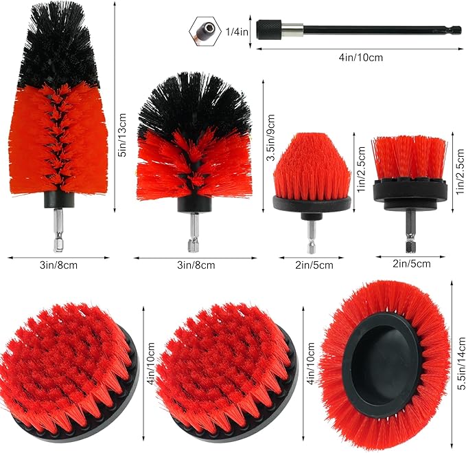 8 Pcs Drill Brush Attachment Set, Power Cleaning Scrub Brush Kit with Extend Long Attachment, All Purpose Drill Scrub Brushes for Car, Grout, Floor, Tub, Bathroom and Kitchen (red)