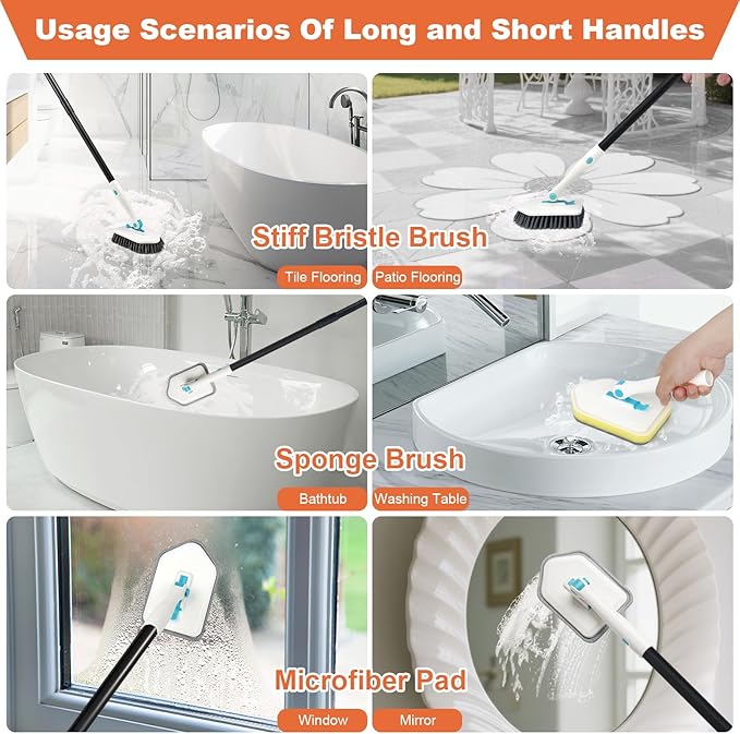 Long Handled Scrub Brush for Shower,3-in-1 Cleaning Brushes with 3 Different Function Cleaning Heads Brush for Shower Cleaning Bathroom Kitchen Walls Tub Tile (White)