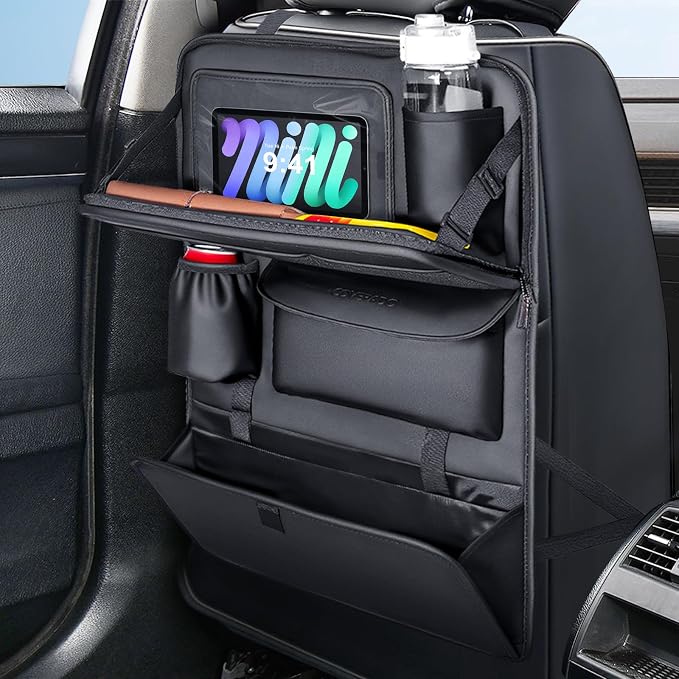 Coverado Backseat Car Organizer, Nappa Leather Car Seat Organizer with Touch Screen Tablet Holder, Foldable Food Tray, K