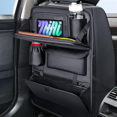 Coverado Backseat Car Organizer, Nappa Leather Car Seat Organizer with Touch Screen Tablet Holder, Foldable Food Tray, K