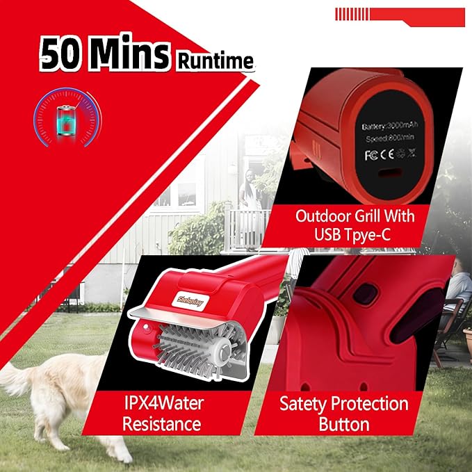Electric Grill Brush and Cleaner - Cordless Rechargeable BBQ Cleaning Tool with Stainless Steel Removable Head, Dishwasher Safe, USB-C 4000mAh Battery for Grill Grates(Red)