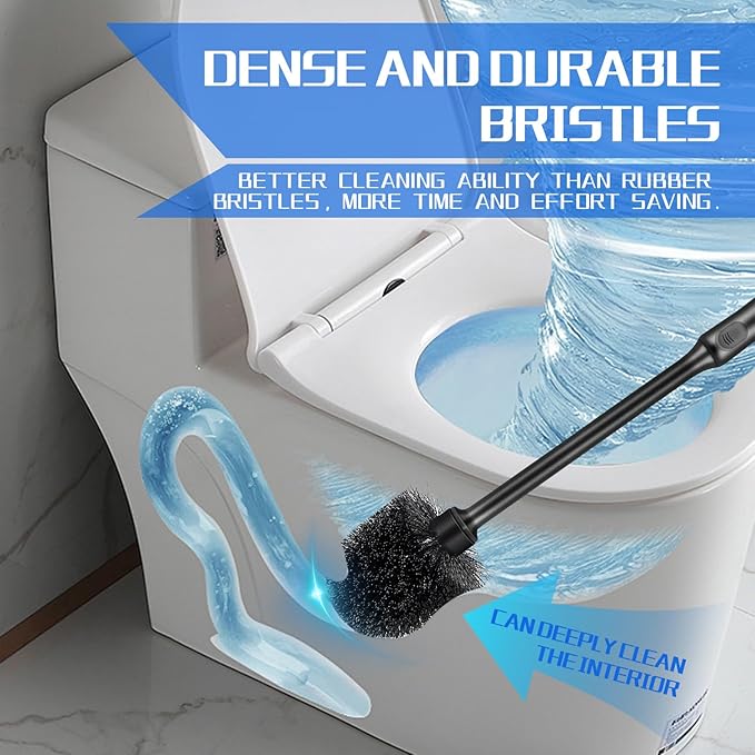 Toilet Brush and Holder 3 Pack with Long Handle - Non-Slip Grip Toilet Bowl Brush Set for Deep Cleaning Bathroom, Toilet Scrubber- Black