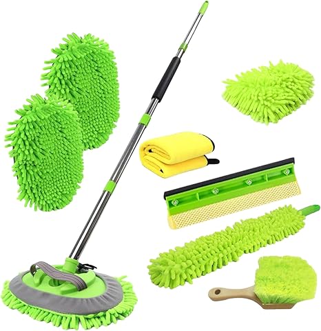 62'' Car Wash Brush Kit - Mitt, Mop, Sponge & Long Handle, Scratch-Free Chenille Replacement Head, Wheel Tire Brush, Car