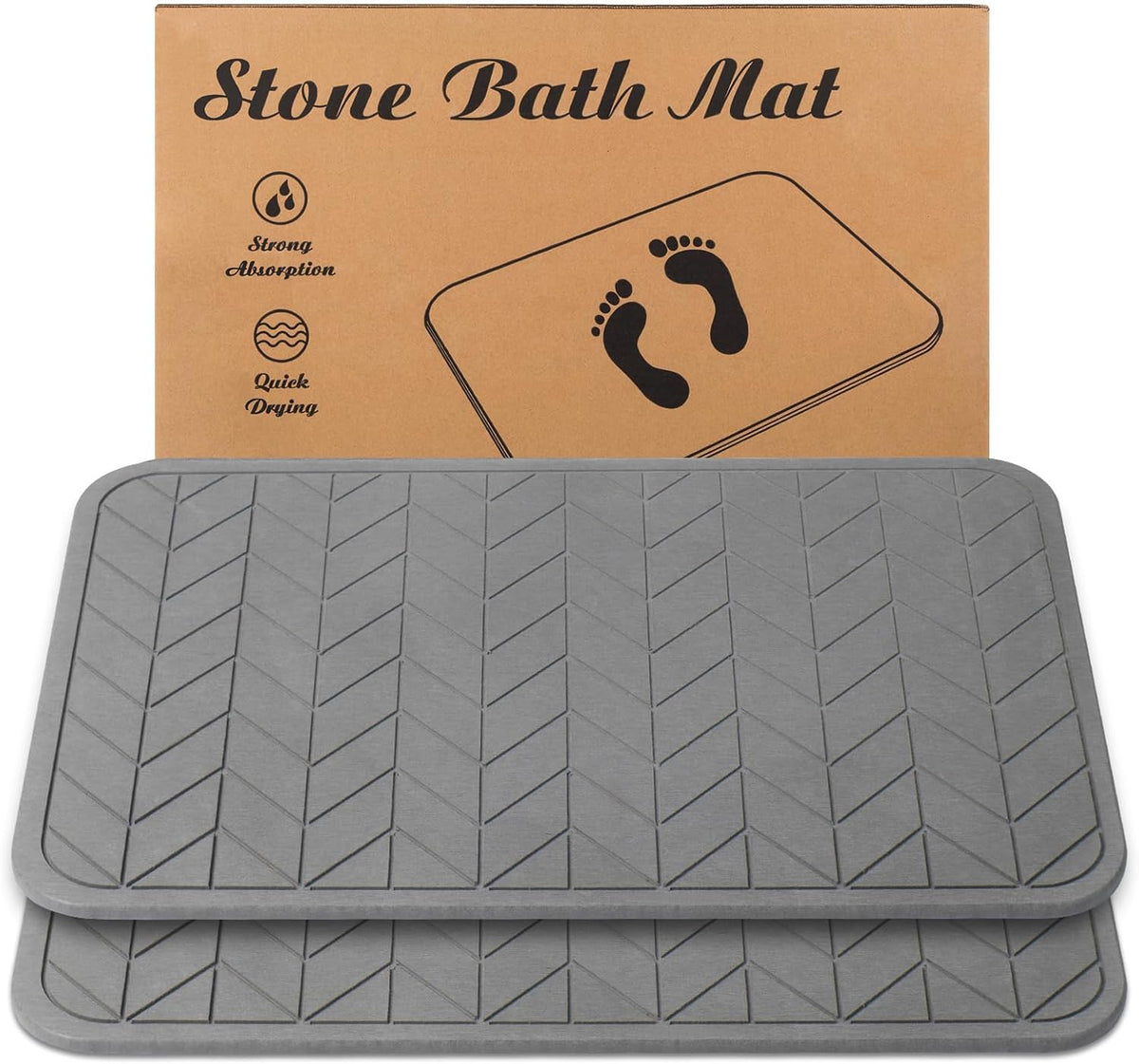 Stone Bath Mat, Diatomaceous Earth Shower Mat, Non-Slip Super Absorbent Quick Drying Bathroom Floor Mat, 2 Pack, Grey