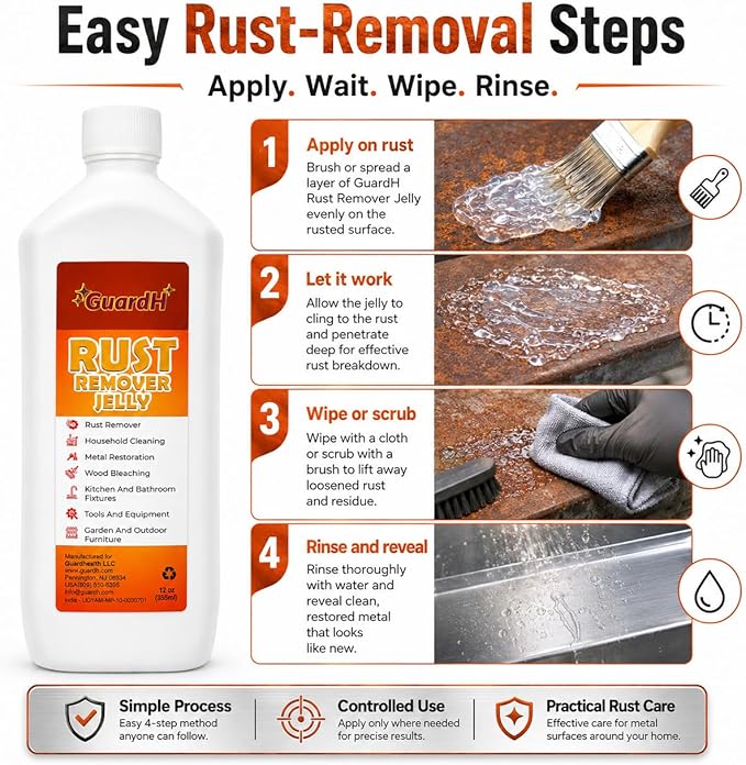 GuardH Rust Remover Jelly, 12 oz | Multi-Purpose Gel for Metal Surfaces, Auto Parts, Household Items, and Antiques