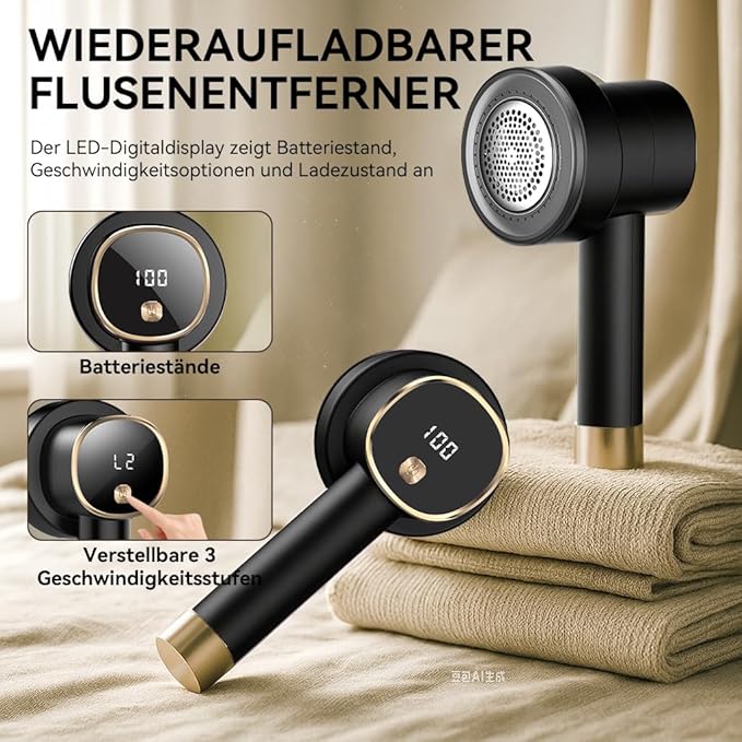 Rechargeable Fabric Shaver for Clothes: 6-Leaf Blades & 3 Speeds to Remove Pilling, Fuzz & Lint Balls - with LED Display, Portable Electric Lint Remover for Sweater, Couch, Blanket, Furniture