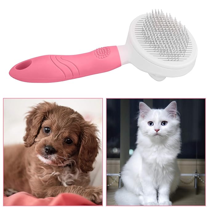 Self Cleaning Slicker Brush - Cat Brush Skin-Friendly Deshedding Grooming Massaging Tool for Long & Short Haired Pets, Cat Hair Brushes Easy Removes Undercoat for Dogs Cats Rabbits-UPGRADED, Pink