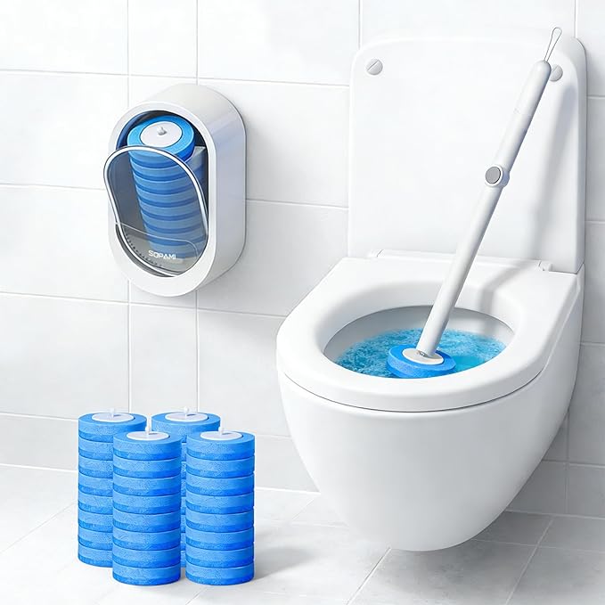 SOPAMI Disposable Toilet Cleaning System - Toilet Wand Kit with 32 High-Performance Refills, Wall Mounted Toilet Brush and Holder for Deep Cleaning Bathroom 32pcs