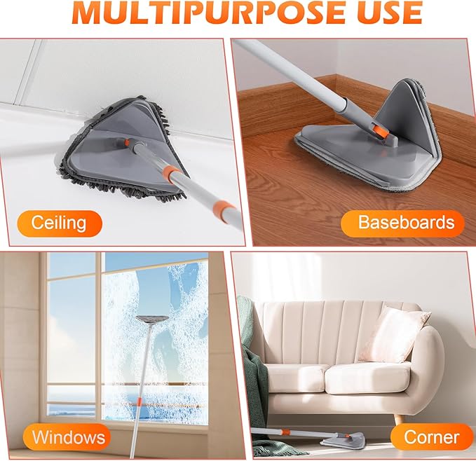 Wall Cleaner Triangle Mop with 82'' Long Handle - Wall Scrubber, Cleaning Washer Tool with 4 Microfiber Chenille Duster Pads for Clean Walls, Ceiling, Windows, Baseboards, Floors (Gray, 4 Pads)