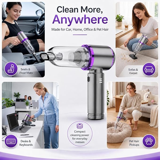 Cordless Handheld Car Vacuum, 21000Pa High Power Mini Portable Vacuum & Air Duster, Brushless Motor with HEPA Filter, 7-in-1 Cleaning Kit for Car, Home and Pet Hair