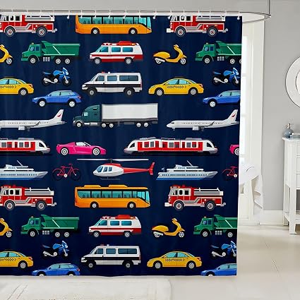 Boys Police Car Shower Curtain School Bus Bath Curtain 72"Wx72"L,Fire Truck Emergency Rescue Vehicles Helicopter Bathtub