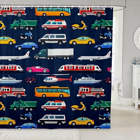Boys Police Car Shower Curtain School Bus Bath Curtain 72"Wx72"L,Fire Truck Emergency Rescue Vehicles Helicopter Bathtub