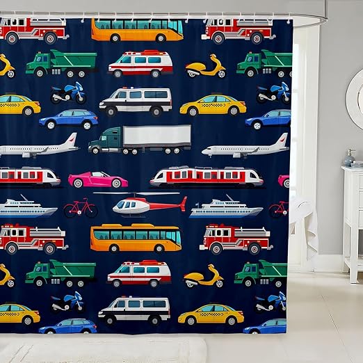 Boys Police Car Shower Curtain School Bus Bath Curtain 72"Wx72"L,Fire Truck Emergency Rescue Vehicles Helicopter Bathtub