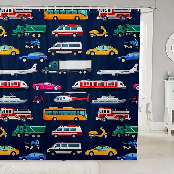 Boys Police Car Shower Curtain School Bus Bath Curtain 72"Wx72"L,Fire Truck Emergency Rescue Vehicles Helicopter Bathtub