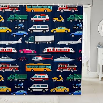 Boys Police Car Shower Curtain School Bus Bath Curtain 72"Wx72"L,Fire Truck Emergency Rescue Vehicles Helicopter Bathtub