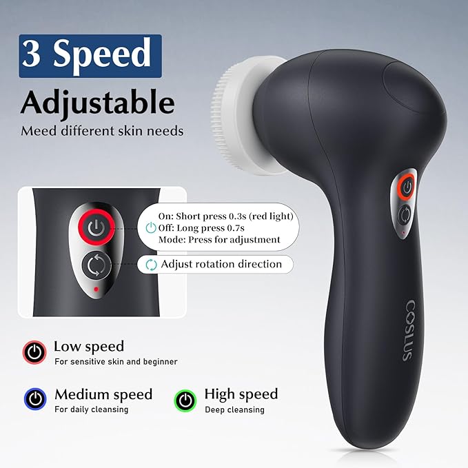 COSLUS FBX04 Facial Cleansing Brush Face Scrubber: 3 in 1 Bi-Directional Electric Spin Brush for Removing Blackhead, Exfoliating, Massaging - Rechargeable Waterproof, 3 Adjustable Speeds for Men Women