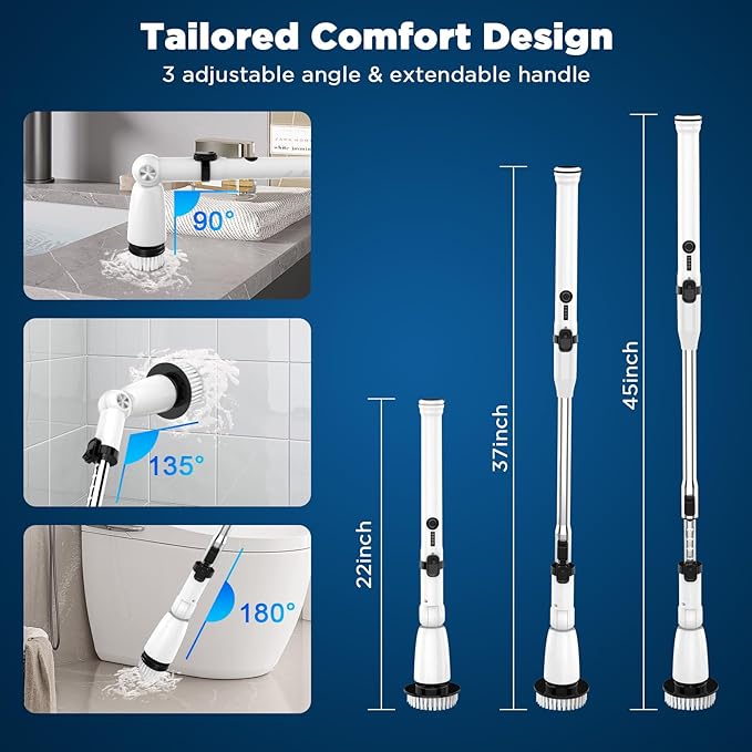 Electric Spin Scrubber, Upgraded Bathroom Cleaner, Power Shower Cleaning Brush with Extendable Handle & 4 Brush Heads, Dual Speed & USB-C Charging, Shower Scrubber for Bathtub, Tile, and Floor