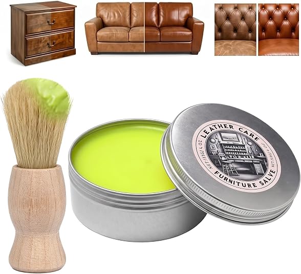 5.4oz Wood Furniture Salve with Brush, Leather Repair Balm for Polisher, Conditioner and Restorer,Leather Cleaning Cream